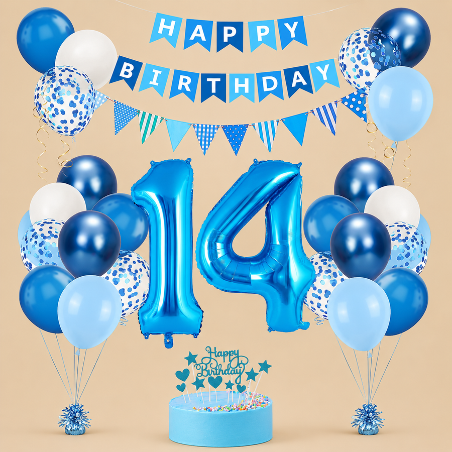 14th Birthday Blue & White Balloon Decoration Set