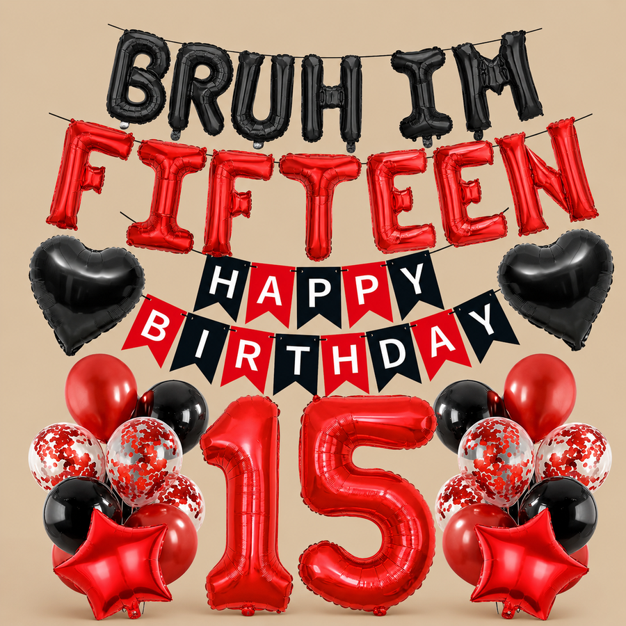 15th Birthday Black & Red “Bruh I’m Fifteen” Balloon Set