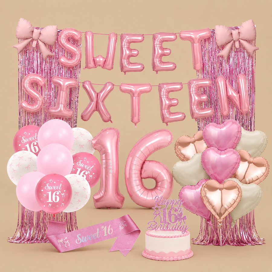 16th Birthday "Sweet 16" Pink Bow Balloon & Banner Set
