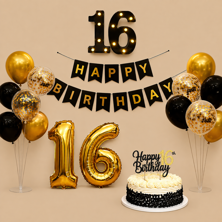 16th Birthday Black & Gold Balloon Decoration Set