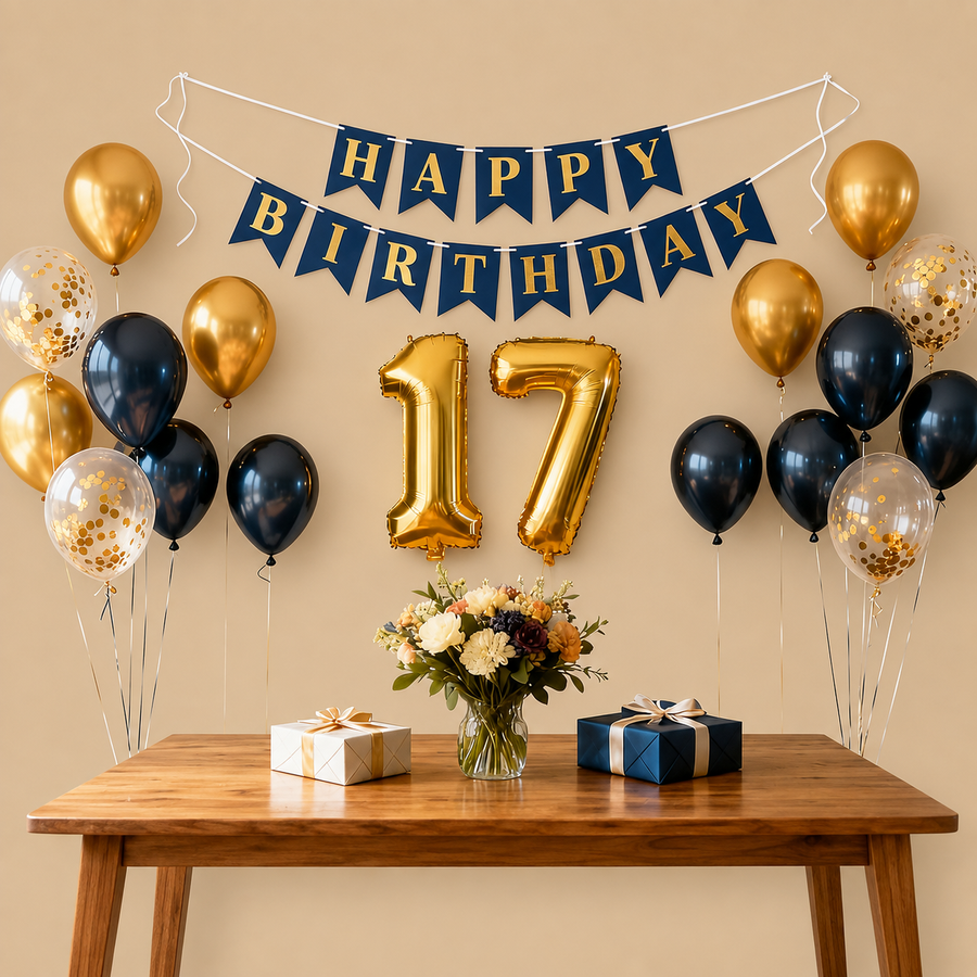 17th Birthday Navy Blue & Gold Balloon Set