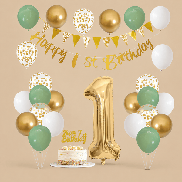 1st Birthday Sage Green & Gold Balloon Set
