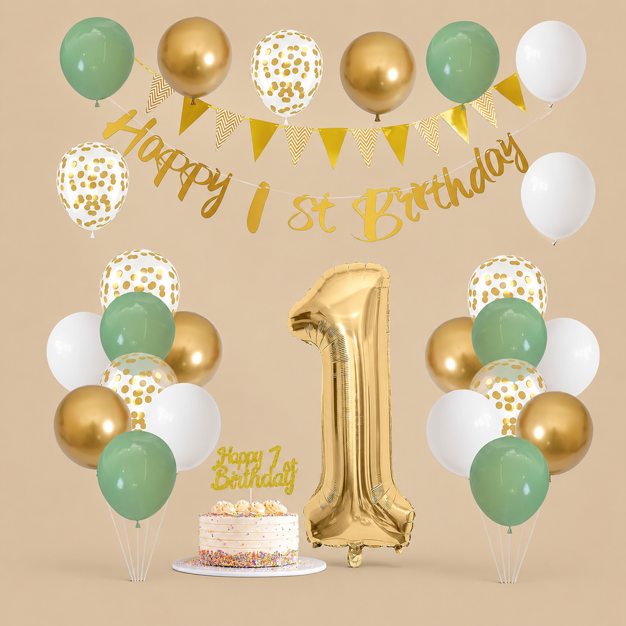 1st Birthday Sage Green & Gold Balloon Set