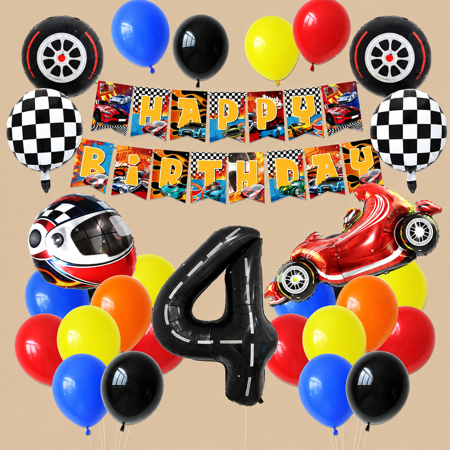 4th Birthday Race Car Balloon & Backdrop Set - Yellow