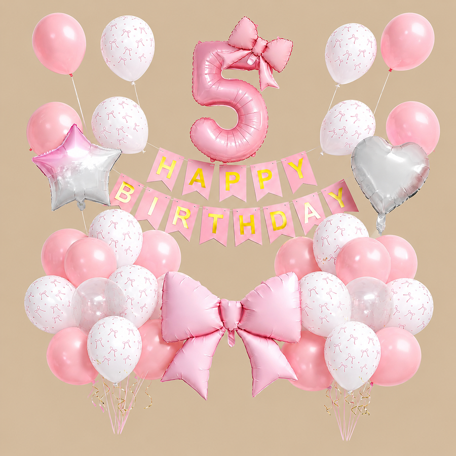 5th Birthday Pink Bows Balloon Decoration Set