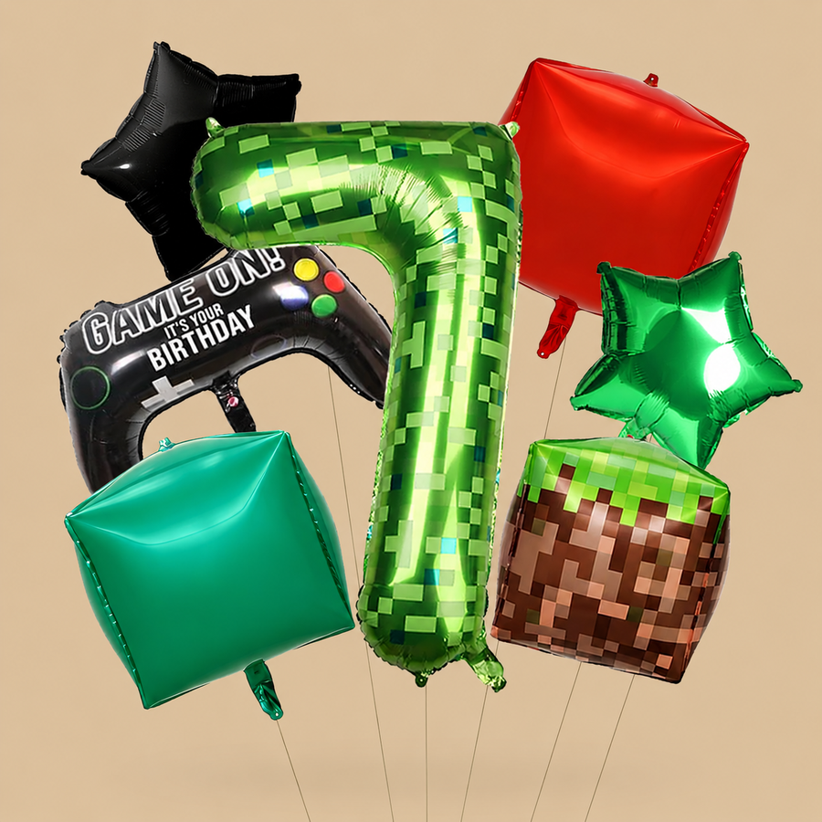 7th Birthday Green Pixel Miner Balloon Set