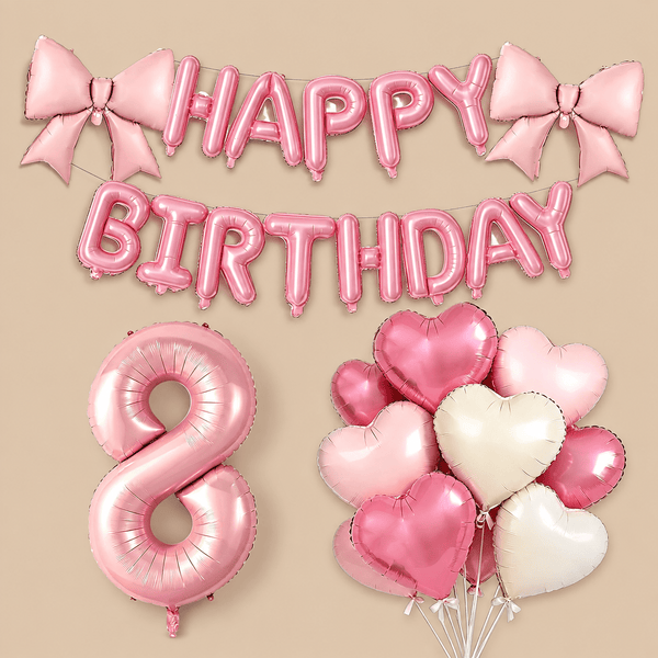 8th Birthday Pink Bow Balloon Decoration Set