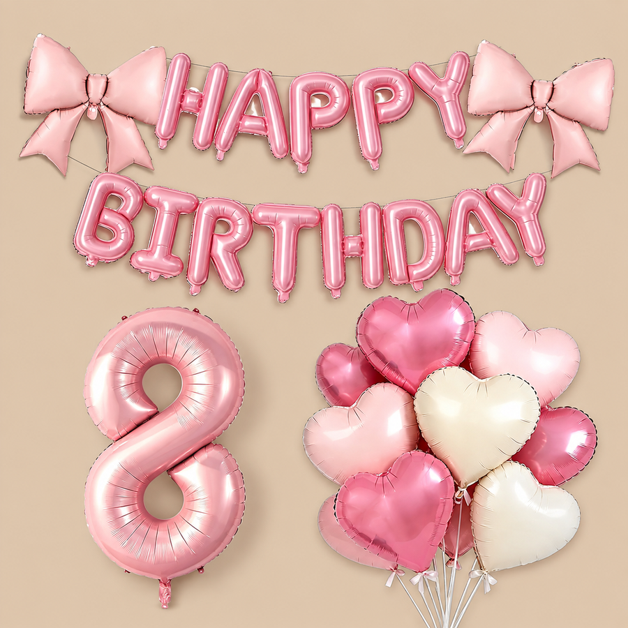 8th Birthday Pink Bow Balloon Decoration Set