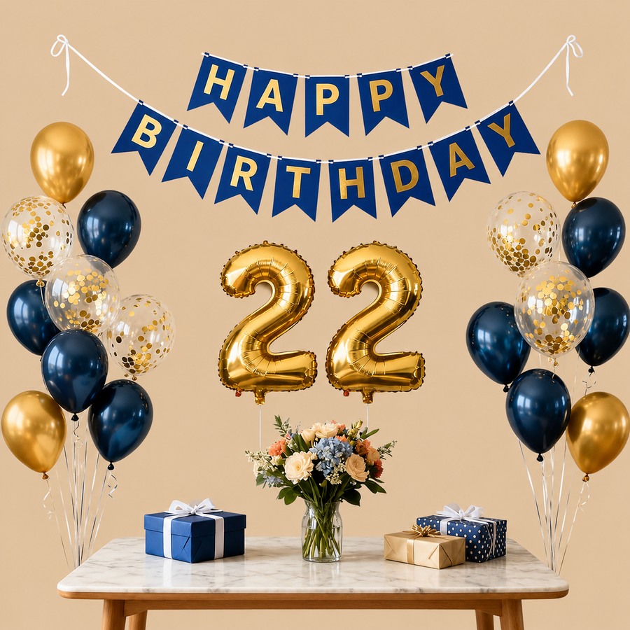 22nd Birthday Navy Blue & Gold Balloon Set