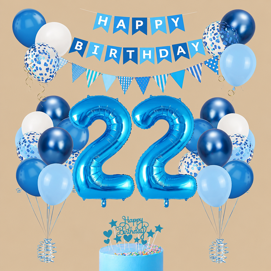 22nd Birthday Balloon, Banner & Cake Topper Set