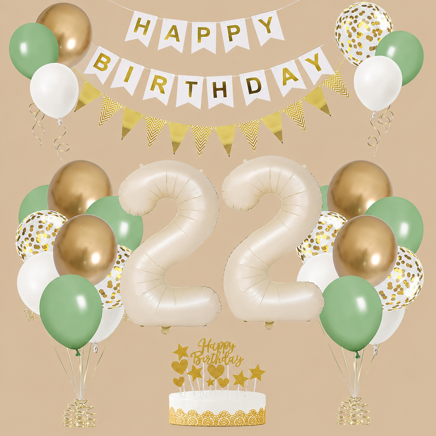 22nd Birthday Sage Green, White & Gold Set