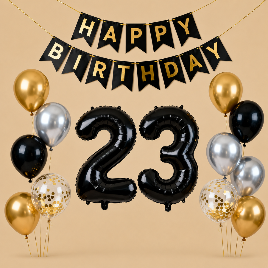23rd Birthday Black, Gold & Silver Balloon Set
