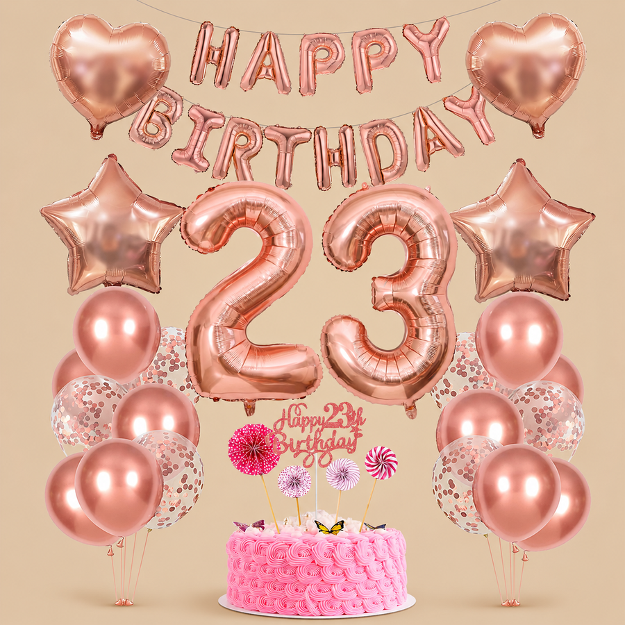 23rd Birthday Rose Gold Balloon & Cake Topper Set