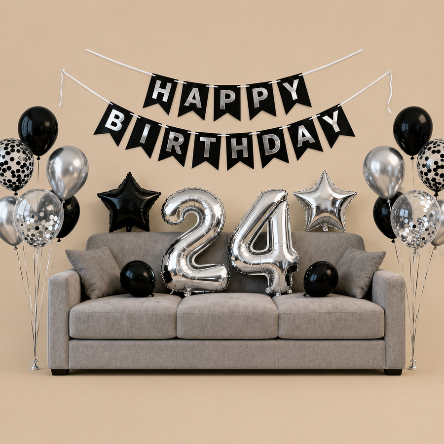 24th Birthday Silver & Black Balloon Set