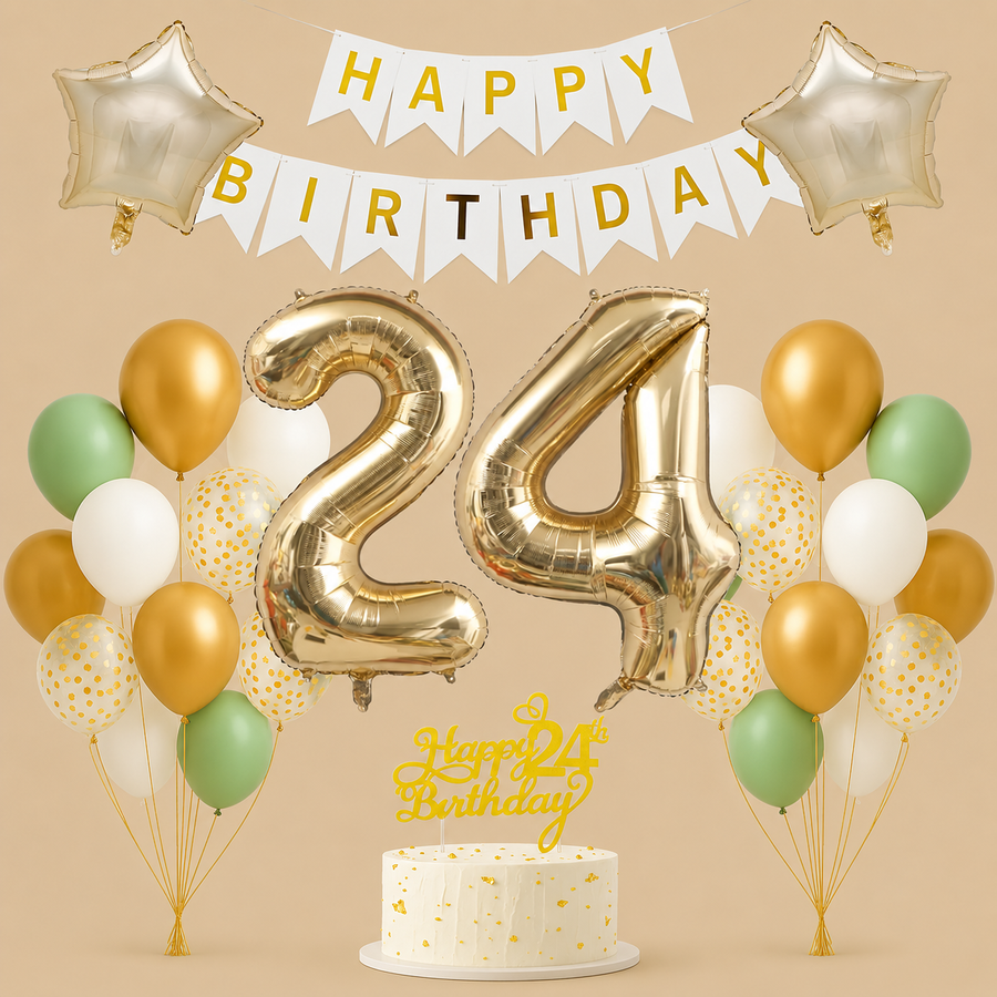 24th Birthday Sage Green, White & Gold Decoration Set