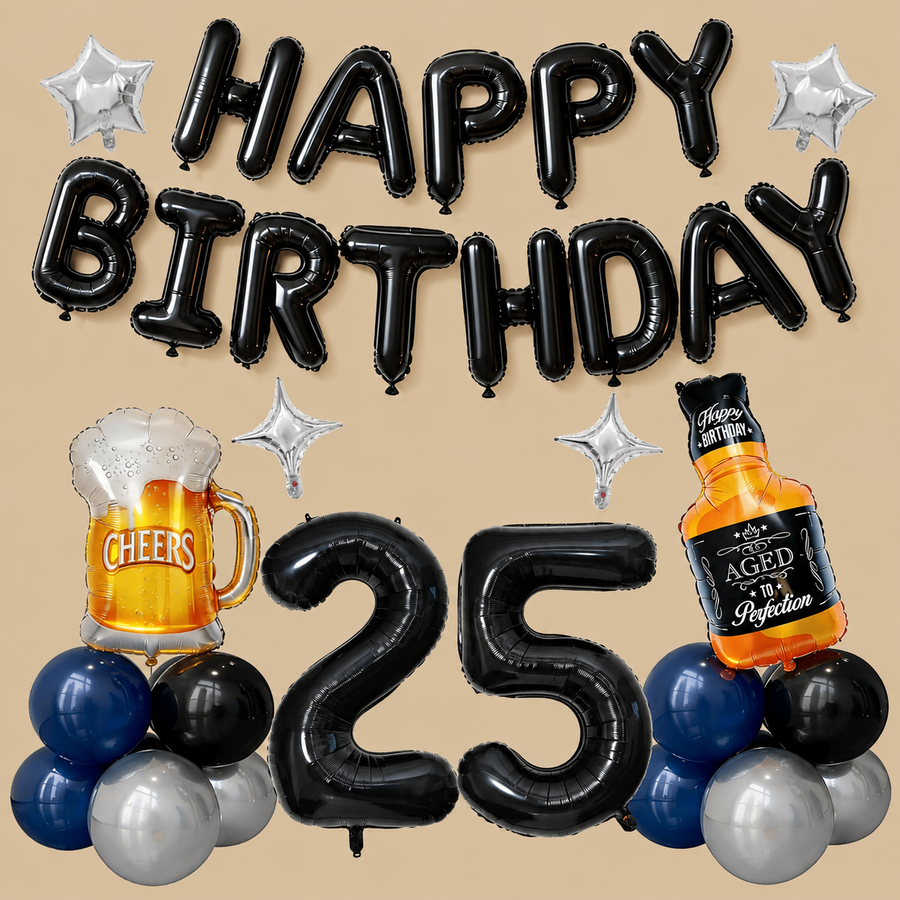 25th Birthday Black & Blue Whiskey Beer Balloon Set