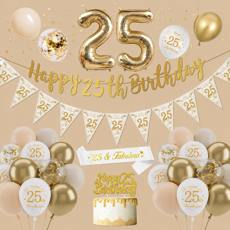 25th Birthday Gold & Sand White Balloon Set