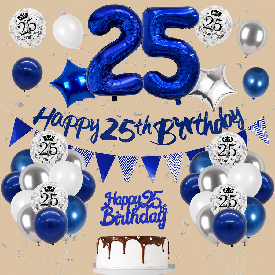 25th Birthday Blue Balloon & Banner Set