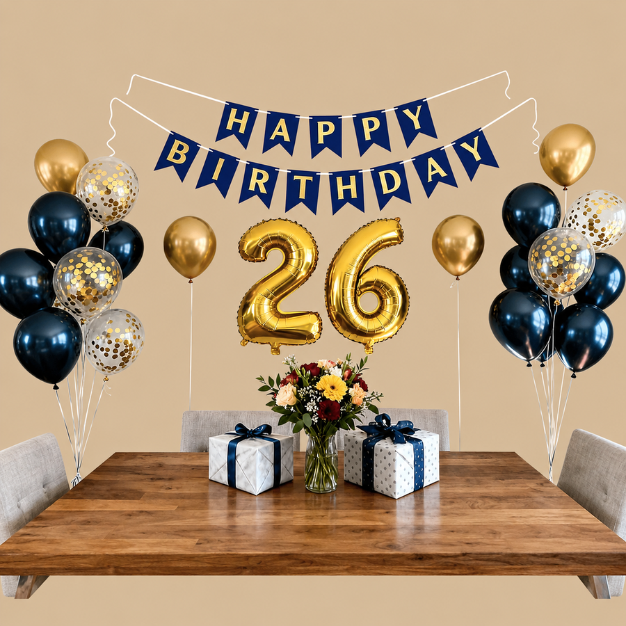 26th Birthday Navy Blue & Gold Balloon Set
