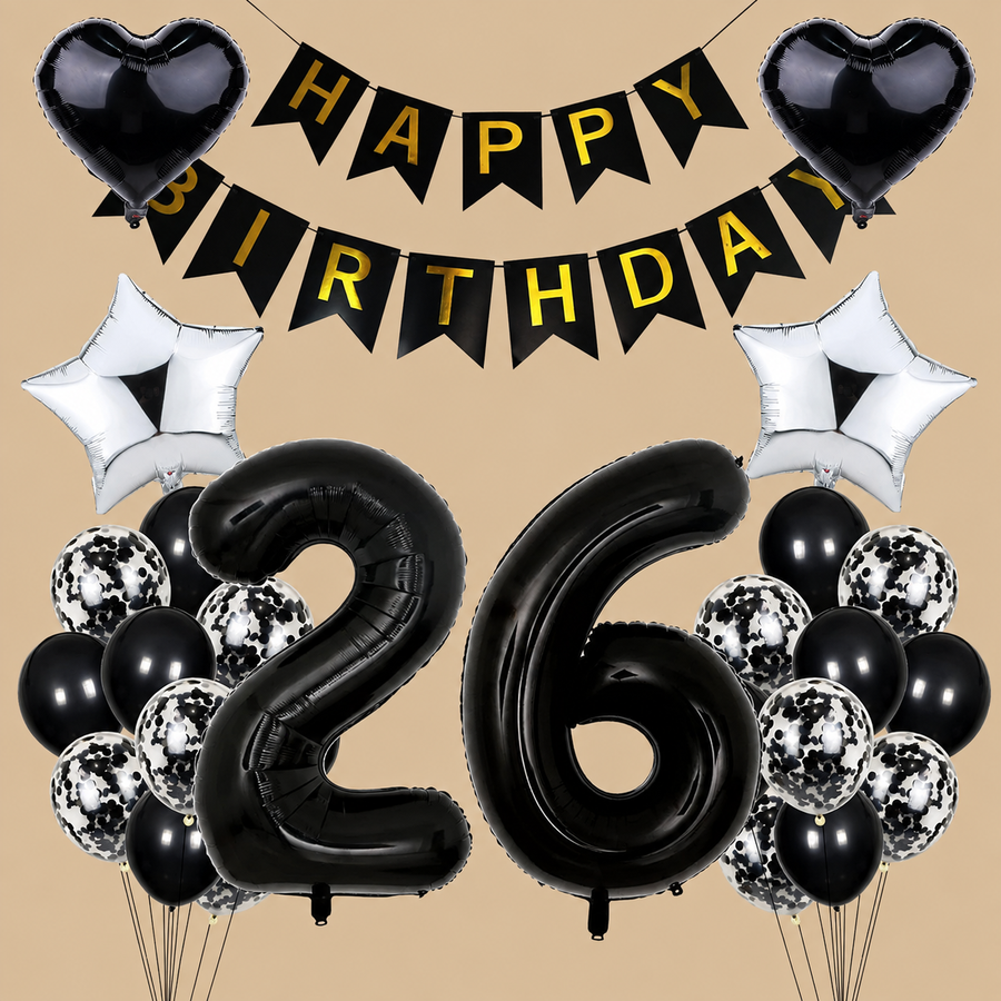26th Birthday Black, White & Silver Balloon Set