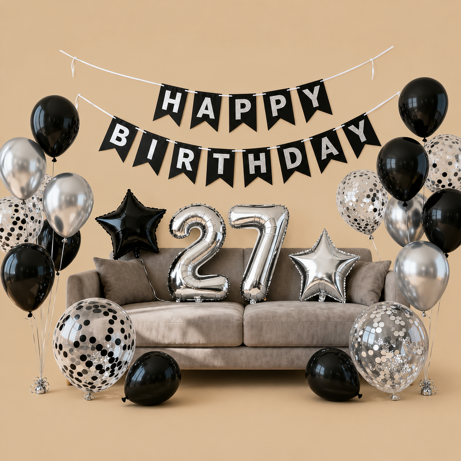 27th Birthday Black & Silver Balloon Set