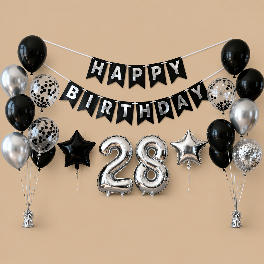 28th Birthday Black & Silver Balloon Set