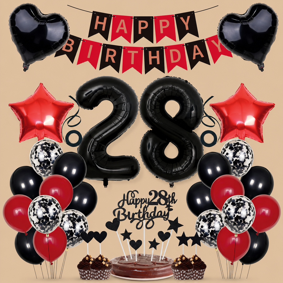 28th Birthday Black & Red Balloon Garland Set