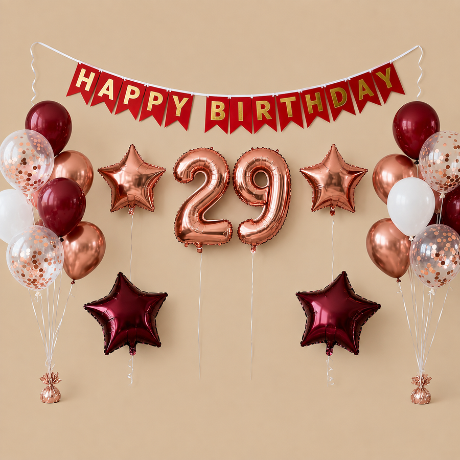 29th Birthday Rose Gold & Wine Red Balloon Set