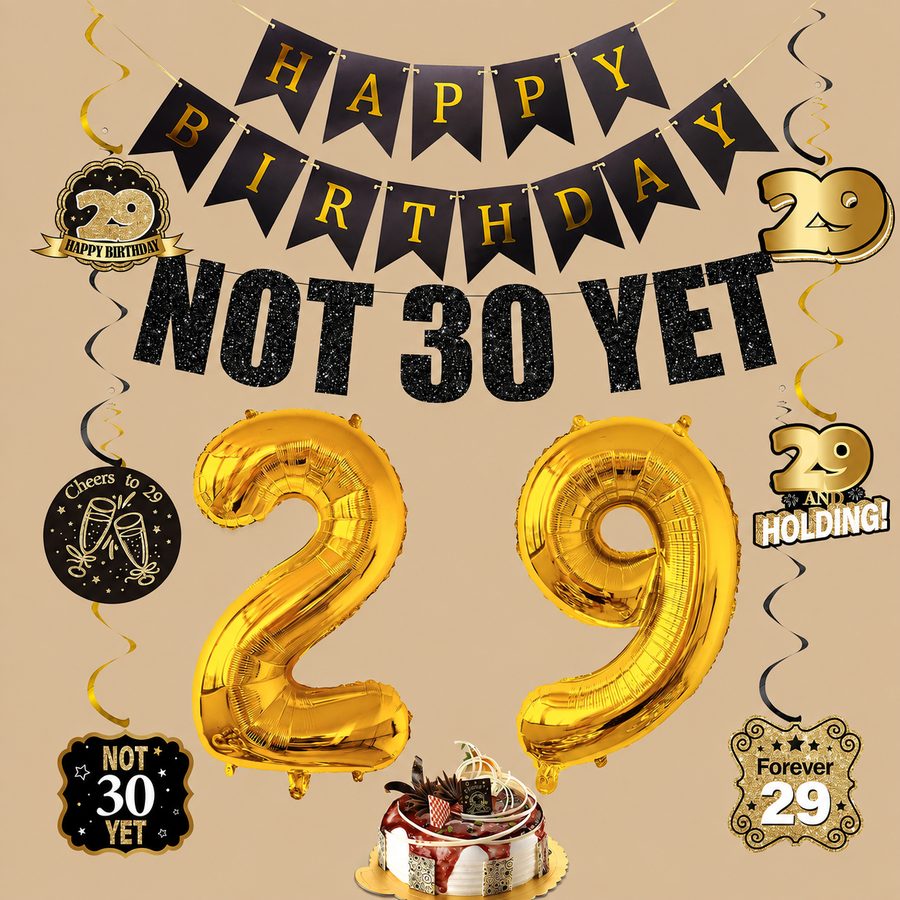29th Birthday Black & Gold “Not 30 Yet” Decoration Set