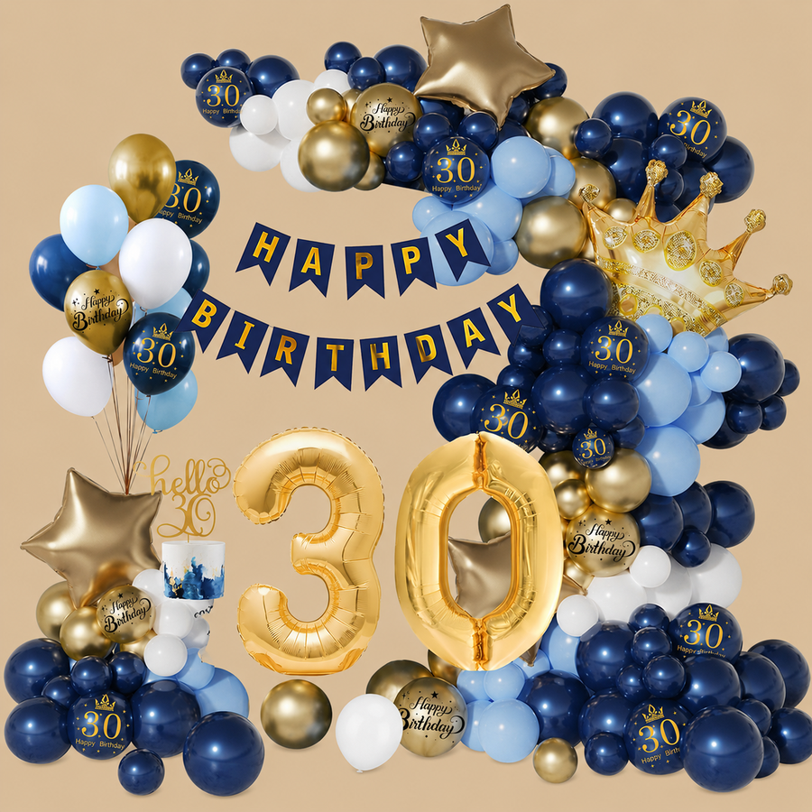 30th Birthday Navy Blue, Gold & White Balloon Set
