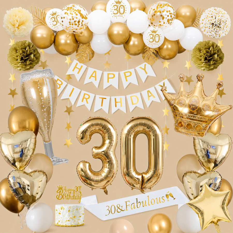30th Birthday Gold & White Balloon Decoration Set