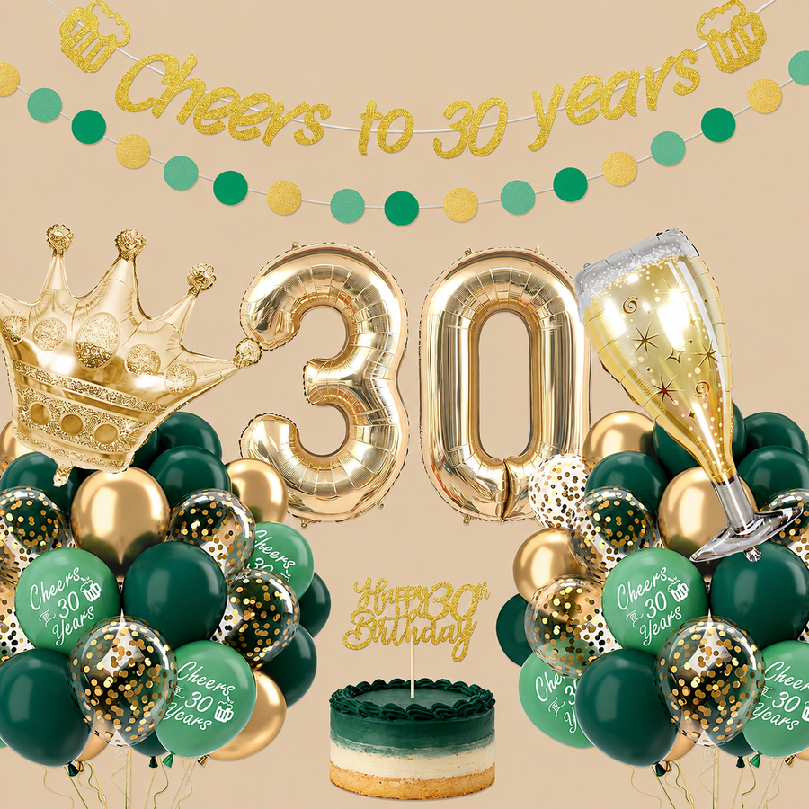 30th Birthday Green & Gold Champagne Balloon Set