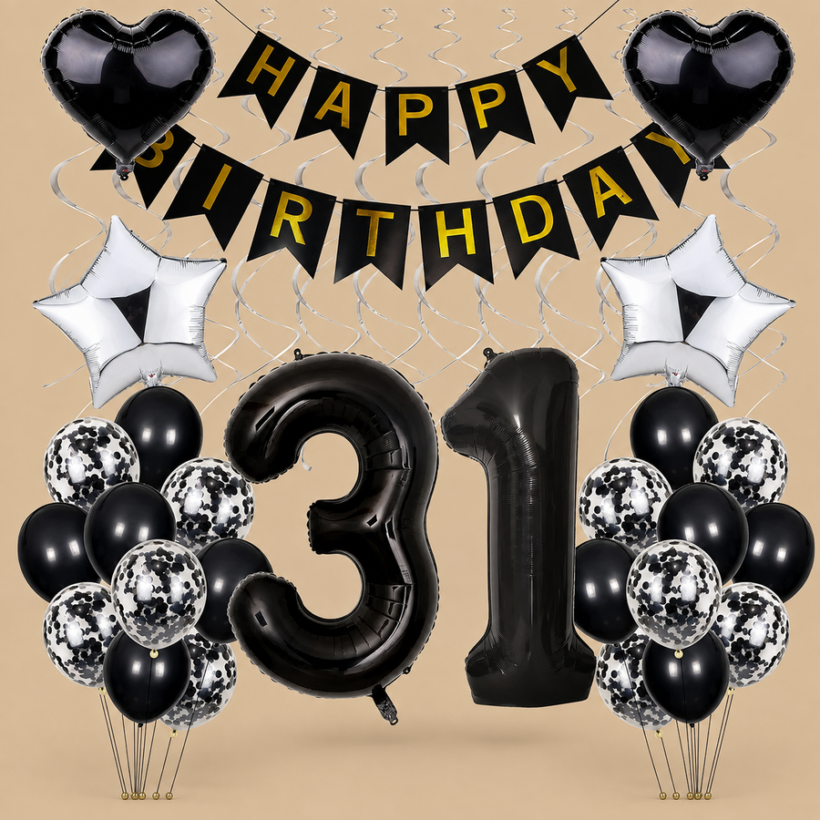 31st Birthday Black, White & Silver Balloon Set