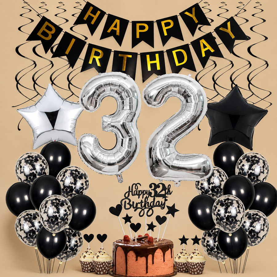 32nd Birthday Black & Silver Decoration Set