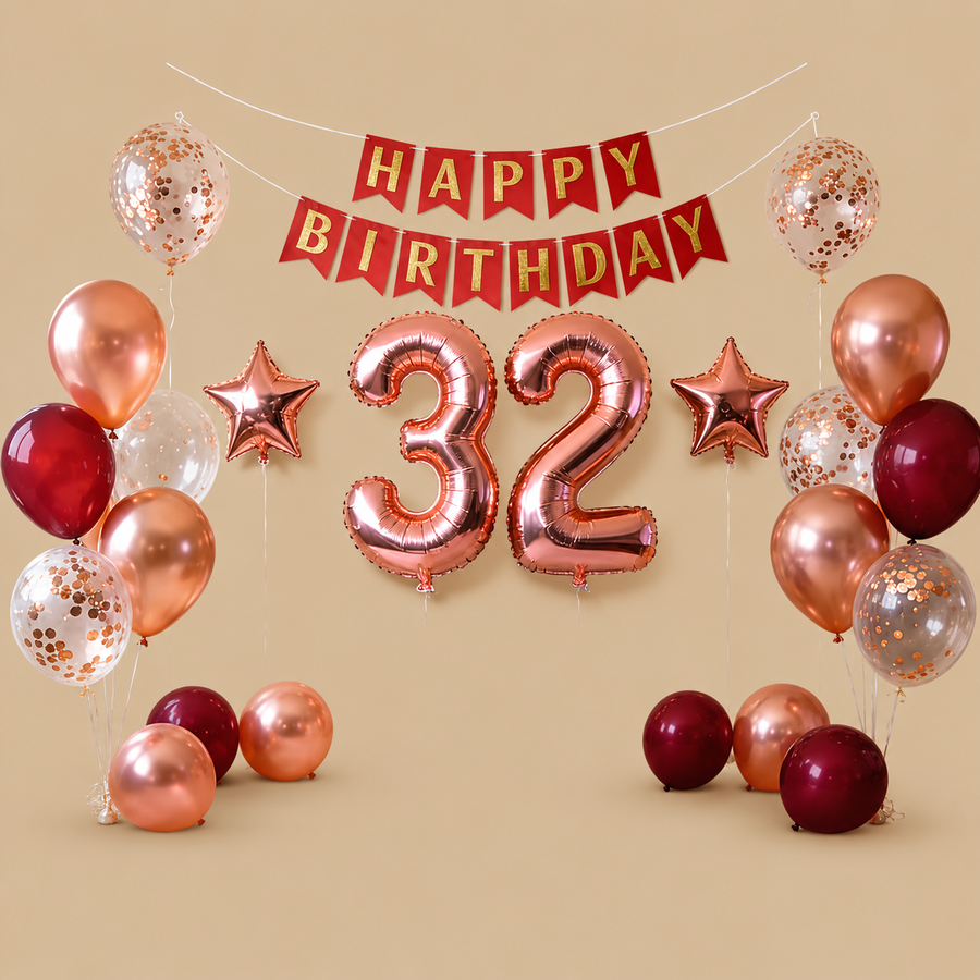 32nd Birthday Burgundy & Rose Gold Balloon Set