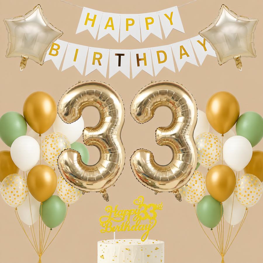 33rd Birthday Sage Green, White & Gold Decoration Set