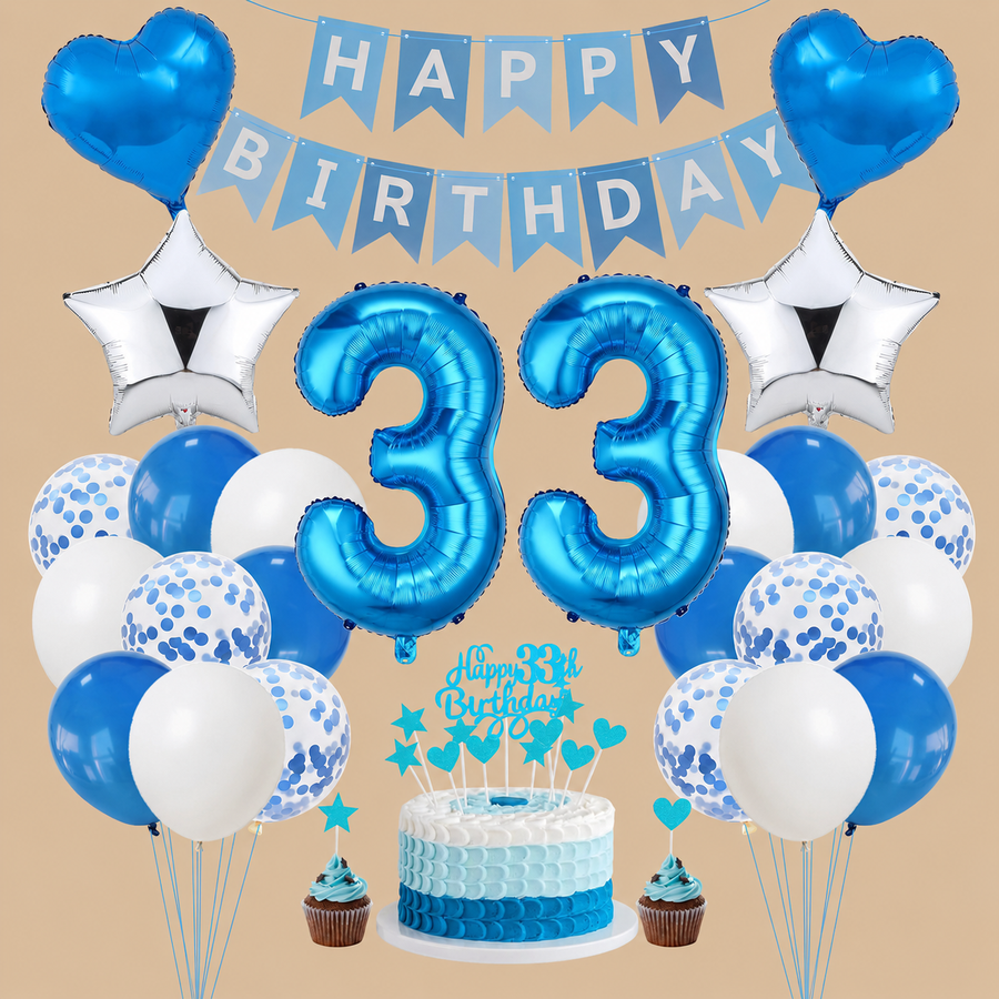33rd Birthday Blue & Silver Decoration Set