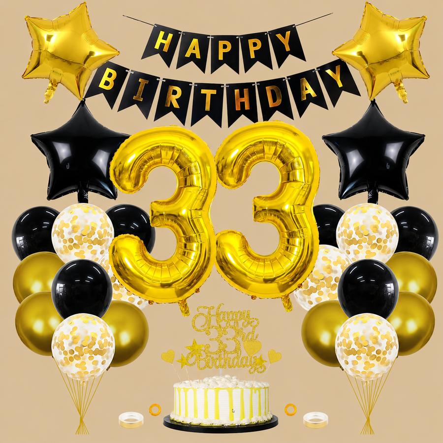 33rd Birthday Black & Gold Balloon Set