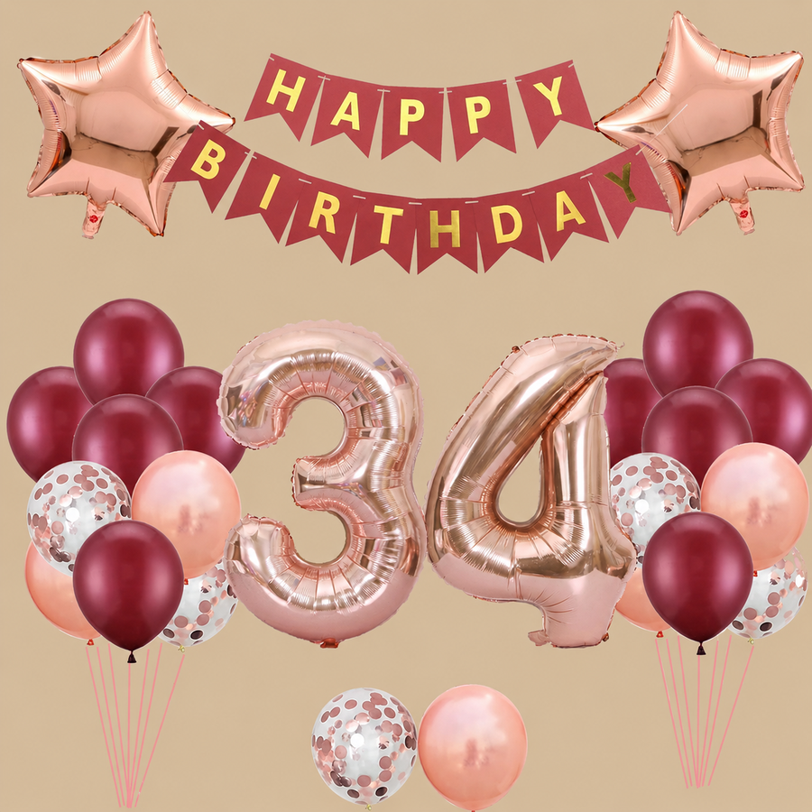 34th Birthday Burgundy & Rose Gold Balloon Set