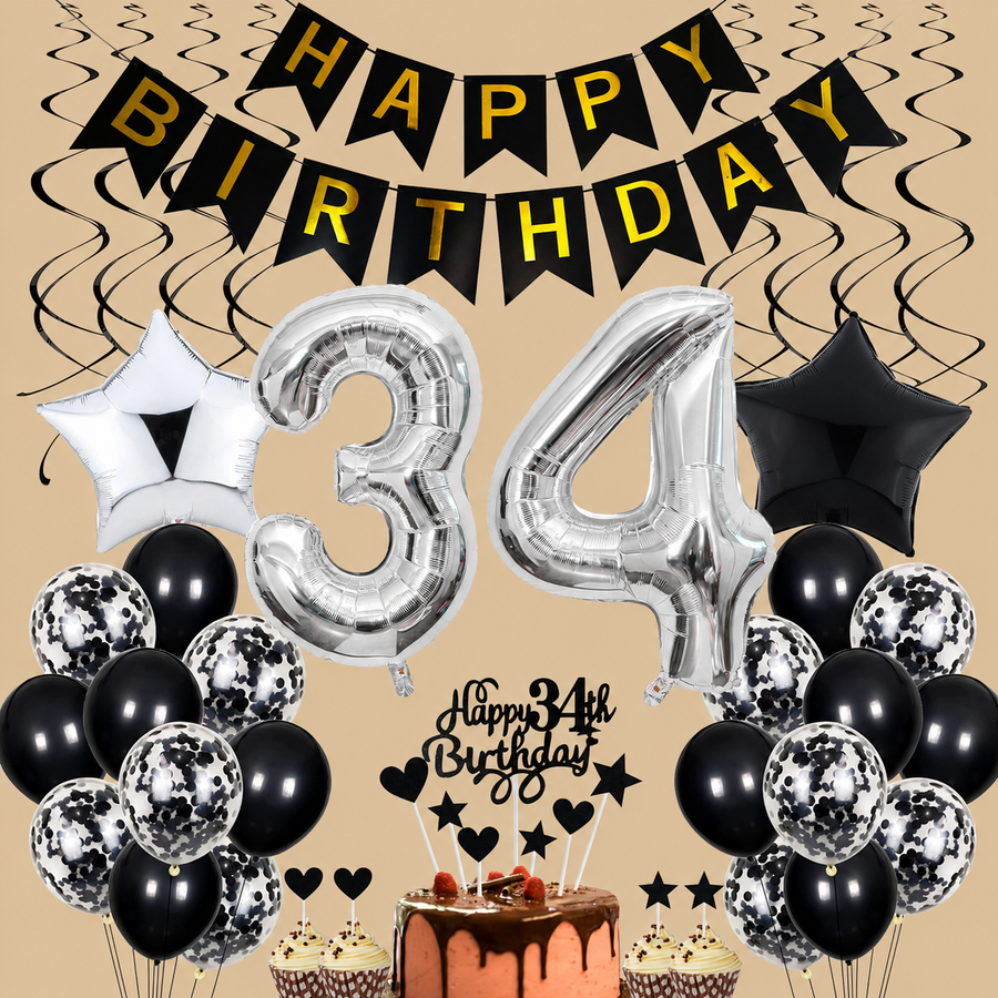 34th Birthday Black & Silver Decoration Set