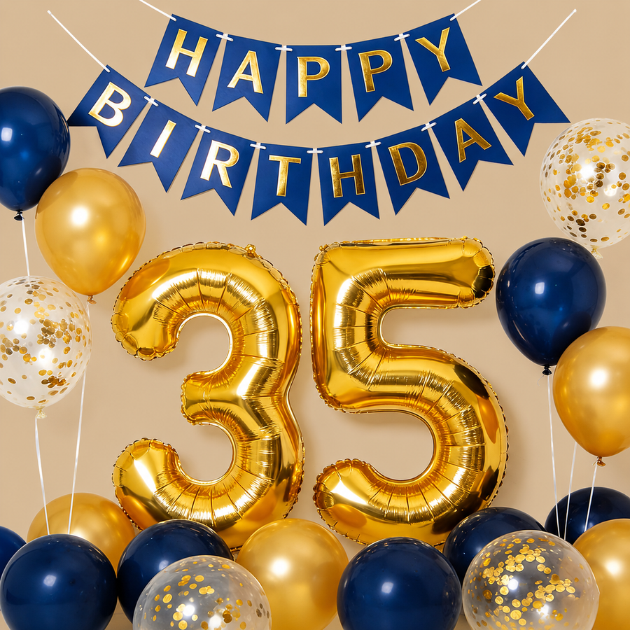 35th Birthday Navy Blue & Gold Balloon Set