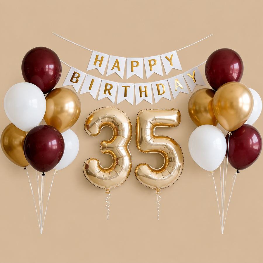 35th Birthday Champagne Gold & Red Balloon Set