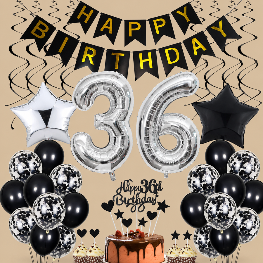 36th Birthday Black & Silver Decoration Set