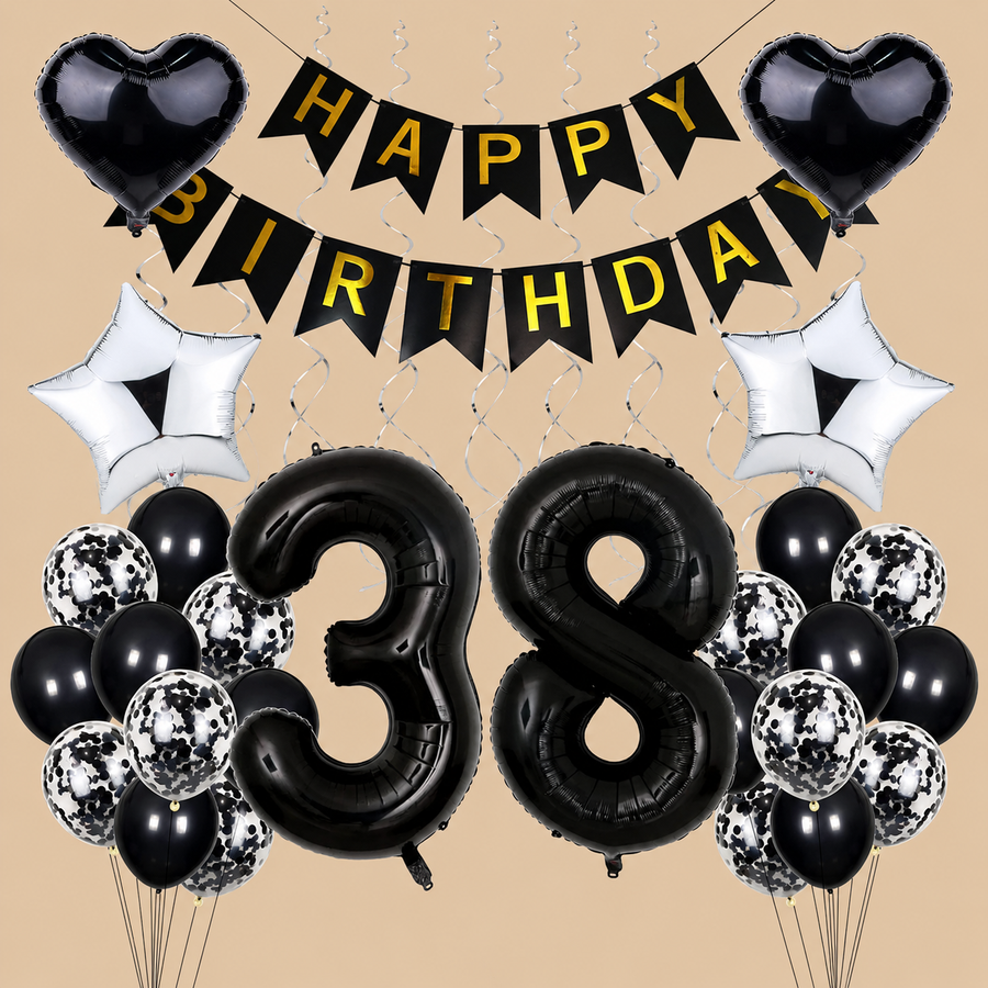 38th Birthday Black & Silver Balloon Decoration Set