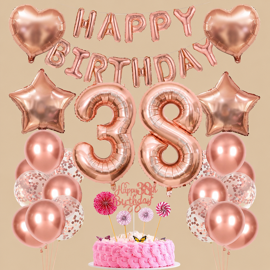 38th Birthday Rose Gold Balloon & Cake Topper Set