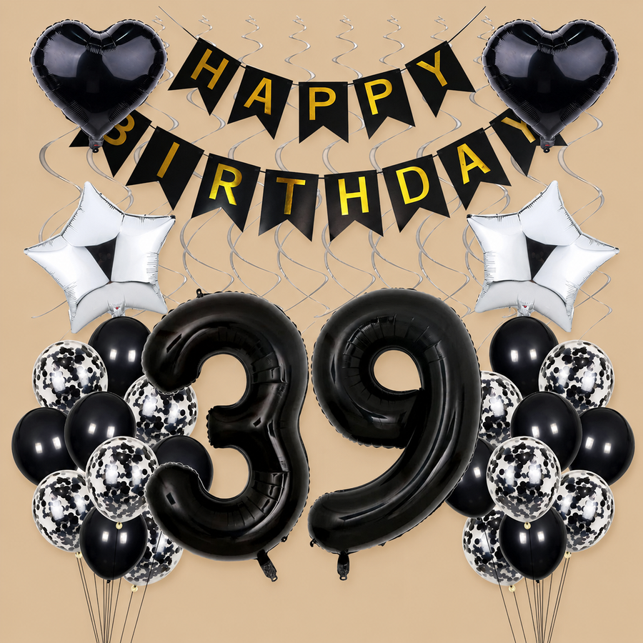 39th Birthday Black & Silver Balloon Decoration Set