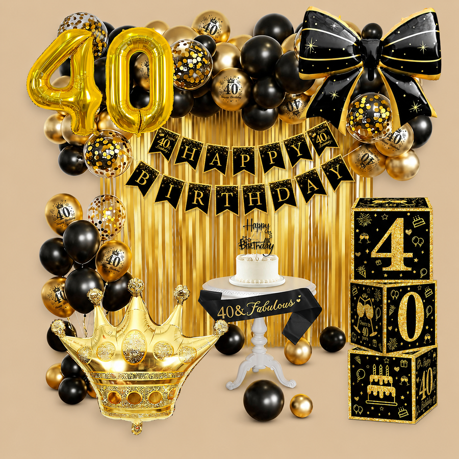 40th Birthday Black & Gold Decoration Set