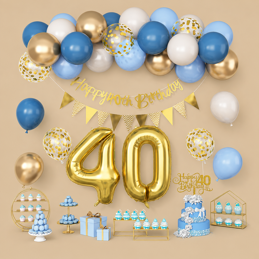 40th Birthday Dusty Blue, Cream & Gold Decoration Set