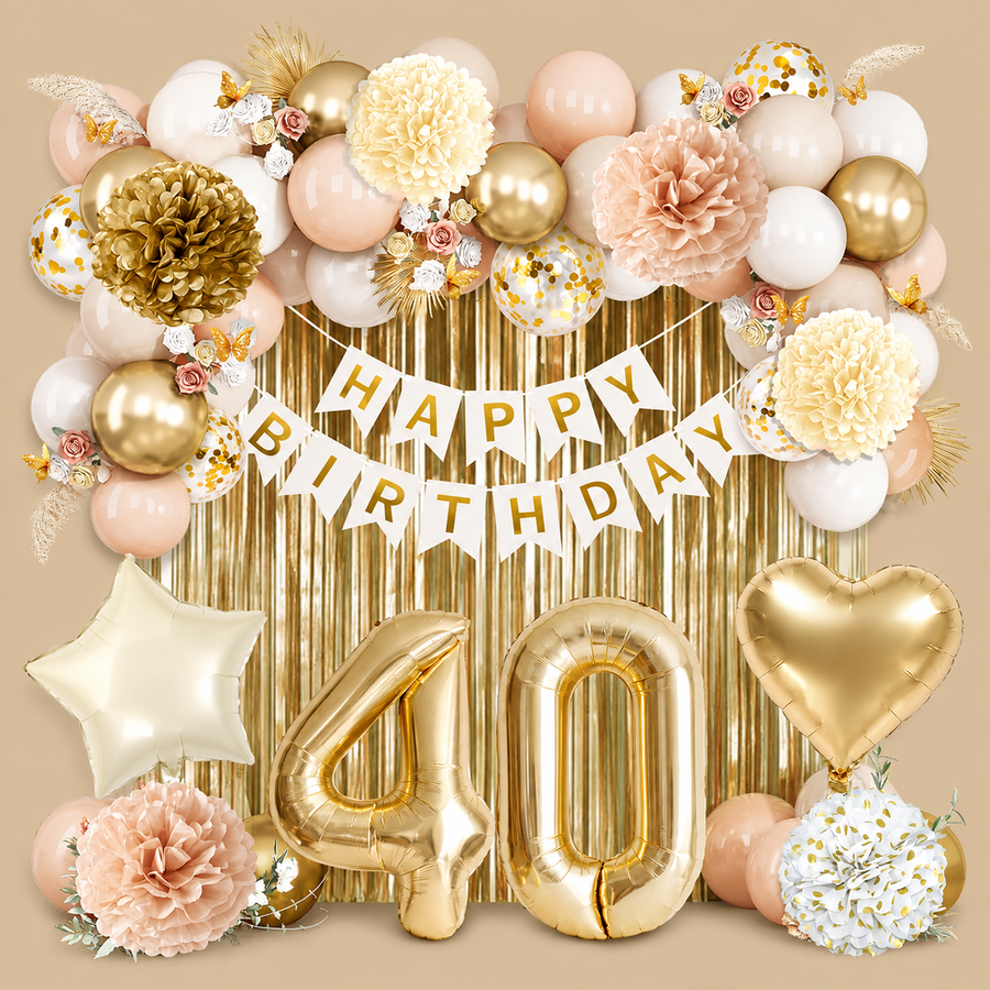 40th Birthday Beige, White & Gold Balloon Set