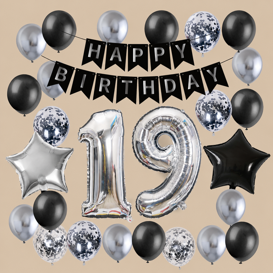 19th Birthday Silver & Black Balloon Decoration Set